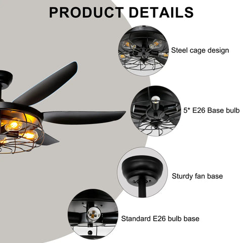 52 Inch Farmhouse Ceiling Fan With Light And Remote, Black Industrial Ceiling Fan, Detail of Caged Light Fixture and Fan Base