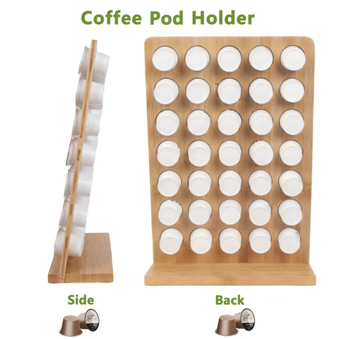 Bamboo K Cup Holder Storage Organizer Holds 35 Coffee Pods for Countertops in Coffee Bars Offices and Kitchens side and back view