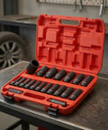 Heavy Duty 20 Piece Impact Socket Set With Case Fits Metric Sizes For Pro Mechanics, Garage DIYers, And Workshop Pros Who Need A Super Durable Chrome Molybdenum Air Tool Kit To Get The Job Done Fast. Red case with black metric impact sockets