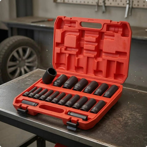 Heavy Duty 20 Piece Impact Socket Set With Case Fits Metric Sizes For Pro Mechanics, Garage DIYers, And Workshop Pros Who Need A Super Durable Chrome Molybdenum Air Tool Kit To Get The Job Done Fast. Red case with black metric impact sockets