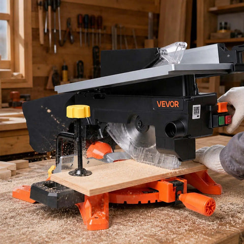 Two-In-One Miter And Table Saw With 8-1/4 Inch Blade, Precision Laser Alignment cutting wood with splash guard