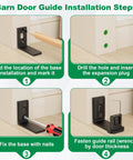 Bottom Floor Guide For Sliding Barn Doors, Wall Mount Floor Guide With Adjustable U Shape Flush Design, Independent Roller Tweaks For Ultra Smooth, Quiet Sliding, Fits Varied Door Thicknesses, Reduces Scrapes. Installation steps graphic with black floor guide