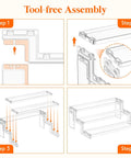 Illustration showing tool-free assembly steps for Clear 12 Inch Three Tier Cupcake Stand Display Riser Organizer.