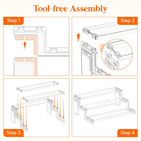 Illustration showing tool-free assembly steps for Clear 12 Inch Three Tier Cupcake Stand Display Riser Organizer.