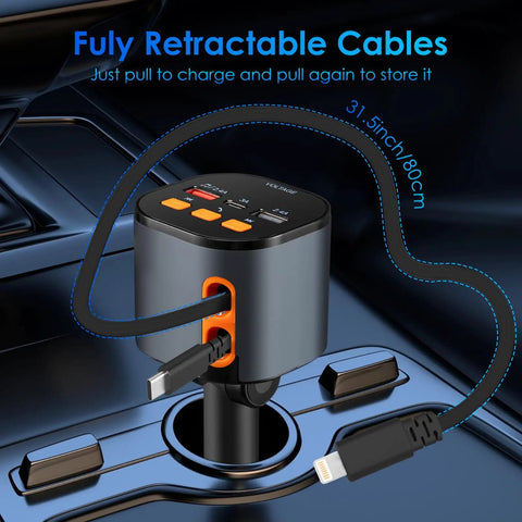 5 In 1 Fast Car Charger With 90W PD Power Retractable USB C And USB A Cables showing retractable cables in car console.