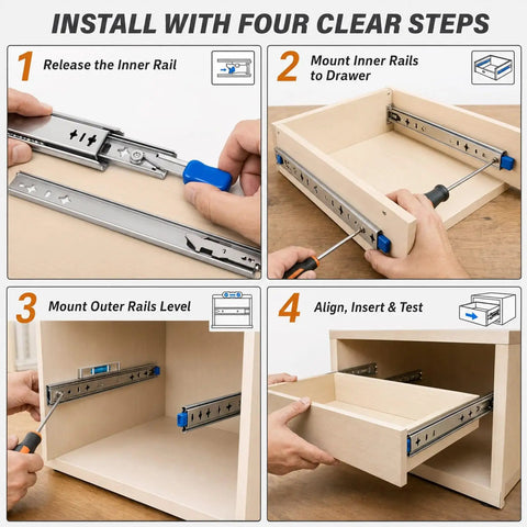 Beefy 72 Inch Heavy Duty Locking Drawer Slides Hold Up To 500 Lb, Side Mount Steel Rails, Industrial Grade, Thick 2.5mm Q235 Cold Rolled Steel, Built Tough For Heavy Storage and Smooth Slides. install steps