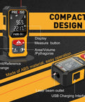 Ultra Compact Laser Distance Meter With 135 Ft Range Rechargeable Battery Handy Mini Tool For Quick DIY Measurements ABS Body Comfortable Grip On The Go Includes Hand Strap showing compact design and display
