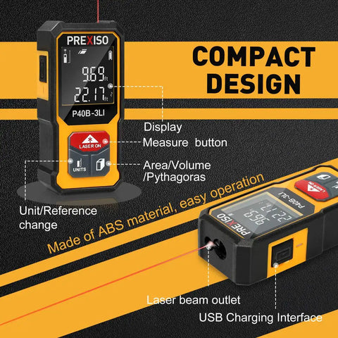 Ultra Compact Laser Distance Meter With 135 Ft Range Rechargeable Battery Handy Mini Tool For Quick DIY Measurements ABS Body Comfortable Grip On The Go Includes Hand Strap showing compact design and display