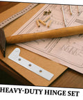 Concealed Shaft Door Hinge Set For Cabinets And Windows Rotating Pivot Hinge 4 Pieces Heavy Duty Load Bearing Hardware displayed with hammer and instructions.