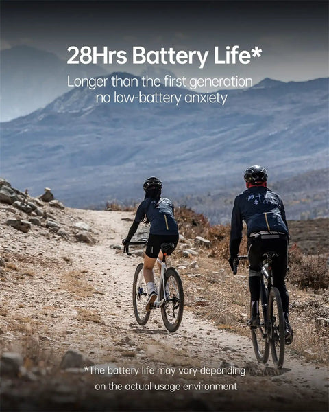 Two cyclists using the Gen2 GPS Bike Computer With Bluetooth on rocky terrain, showcasing 28 hour battery life and IPX7 waterproof build.