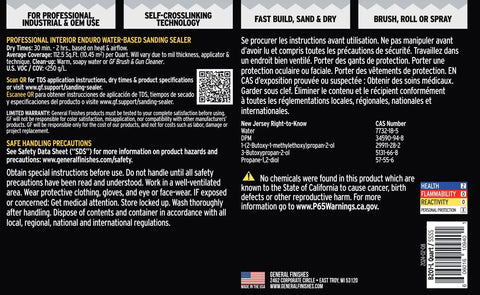 Label of Top Shelf Water Based Sanding Sealer Spray On Clear Finish High Solids Blend showing safety instructions and usage.