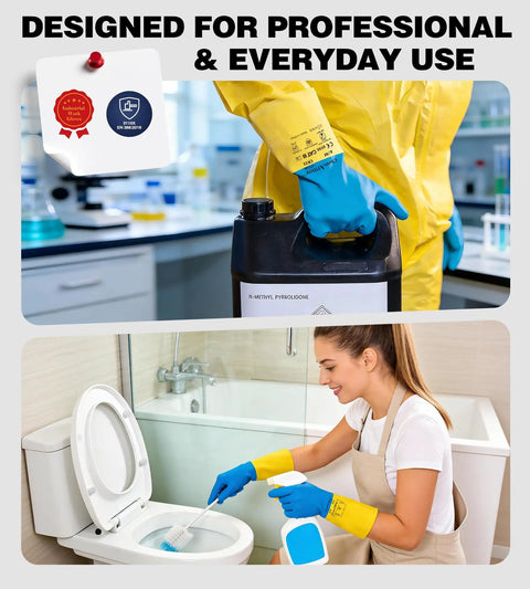 Hardcore Double Dipped Neoprene Rubber Chemical Gloves Built Like A Tank For Heavy Duty Acid Alkali Hazmat Protection Featuring Thick 28 Mil Construction during cleaning tasks.