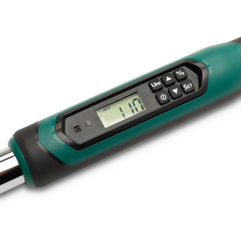 Three-Eighths Inch Drive Electric Torque Wrench With 10 to 100 Inch-Pounds Range, showing digital display and control buttons