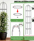 Installation steps for Heavy Duty Metal Climbing Plant Trellis Outdoor Freestanding Six Point Three Foot Tall Upgrade 100 Percent Metal With Powder Coating Built Tough For Roses Flowers Grapes Peas Cucumbers Tomatoes Cage with diagrams and potted plant illustration