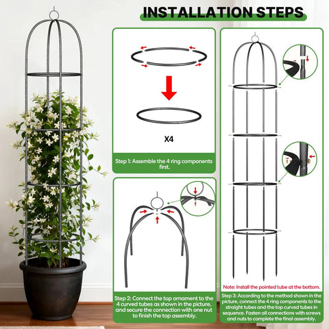 Installation steps for Heavy Duty Metal Climbing Plant Trellis Outdoor Freestanding Six Point Three Foot Tall Upgrade 100 Percent Metal With Powder Coating Built Tough For Roses Flowers Grapes Peas Cucumbers Tomatoes Cage with diagrams and potted plant illustration