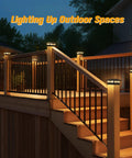 Slick Heavy Duty Solar Post Cap Lights Outdoor 12 Pack illuminate wooden deck stairs with warm LED glow features.