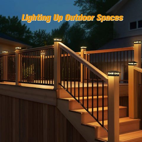Slick Heavy Duty Solar Post Cap Lights Outdoor 12 Pack illuminate wooden deck stairs with warm LED glow features.