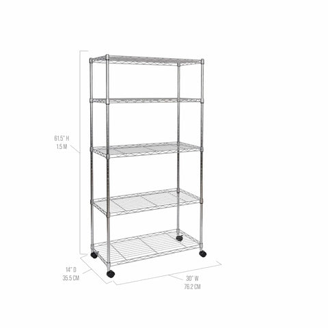 Five Tier Wire Shelving On Wheels With Adjustable Shelves In 1 Inch Increments And Leveling Feet, 30 In W X 14 In D, Chrome Plating, Plated Steel Storage Rack For Garage Or Kitchen Organization.