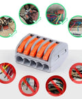 All in One Lever Wire Connector Kit With 188 Pcs, gray and orange connector with illustrations of correct wiring usage.