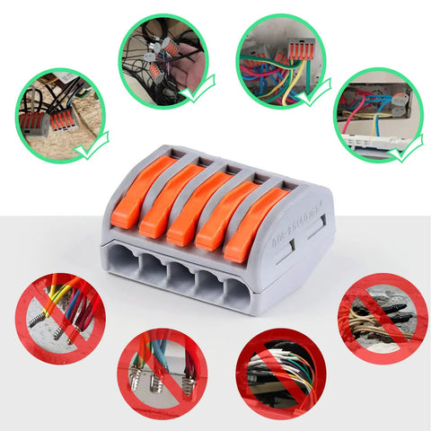 All in One Lever Wire Connector Kit With 188 Pcs, gray and orange connector with illustrations of correct wiring usage.