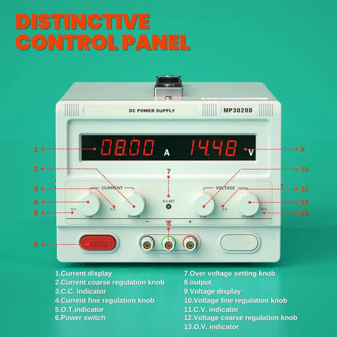 Bench Power Supply 0 To 30V 0 To 20A Variable DC with coarse and fine adjustment knobs and LCD screen, front panel view.
