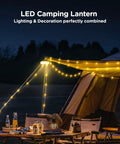 Camping String Lights 32.8 Ft Rechargeable 4 In 1 Quick Storage Tent Lights With 8 Lighting Modes Waterproof Portable LED Lamp hanging over a camping table.