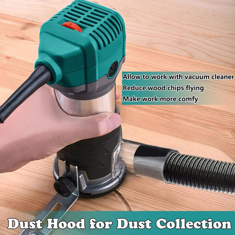 Using Beefy 6.5 Amp 1.25 HP Palm Router For Woodworking With 6 Variable Speeds Fixed Base And Quick Depth Adjust on wood with dust hood.