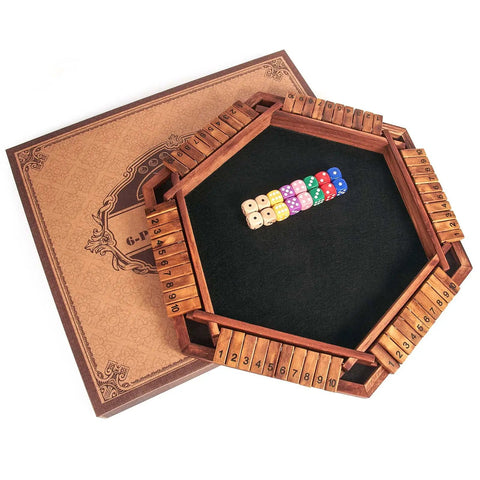 Upgraded Shut The Box Dice Game for 1 to 6 players with wooden board and 16 dice, shown with game box and multicolored dice layout