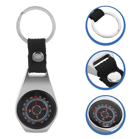 Mini Zinc Alloy Compass Keychain Set For Outdoor Adventures with key ring, high-precision compass, and black strap detail.