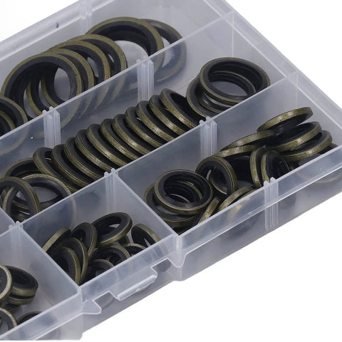 Heavy Duty 110 Piece Metal Bonded Oil Seal Washers Kit With High Temp Rubber O Rings, Self Centering Lip, And Storage Box