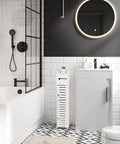 Slim Over Toilet Storage Cabinet For Small Bathrooms in modern bathroom setting, narrow white design with two doors and adjustable shelves.