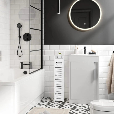 Slim Over Toilet Storage Cabinet For Small Bathrooms in modern bathroom setting, narrow white design with two doors and adjustable shelves.