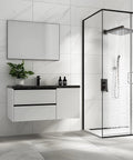 Modern bathroom with Big Ol 16 Inch Square Stainless Steel Rain Shower Head With High Pressure in a glass enclosure