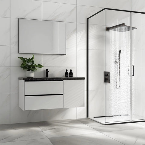 Modern bathroom with Big Ol 16 Inch Square Stainless Steel Rain Shower Head With High Pressure in a glass enclosure