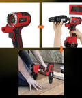 All-In-One 12 Tool Cordless Power Tool Kit With 2 Batteries And Charger showing close-up of drill and impact drill in use.
