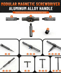 Diagram showing components of the 66 In 1 Magnetic Ratchet Screwdriver Set with S2 Steel Bits, modular aluminum handle display.
