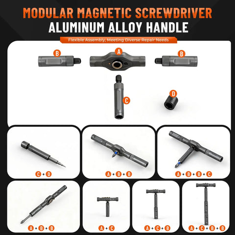 Diagram showing components of the 66 In 1 Magnetic Ratchet Screwdriver Set with S2 Steel Bits, modular aluminum handle display.