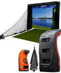 Launch Pro Circle B Edition Launch Monitor With Golf Course GPS Overview And Net Return Bay Ten Foot Simulator Bay Plus Signature Series Towel Bundle set with 10ft net, infrared cameras, and orange details.