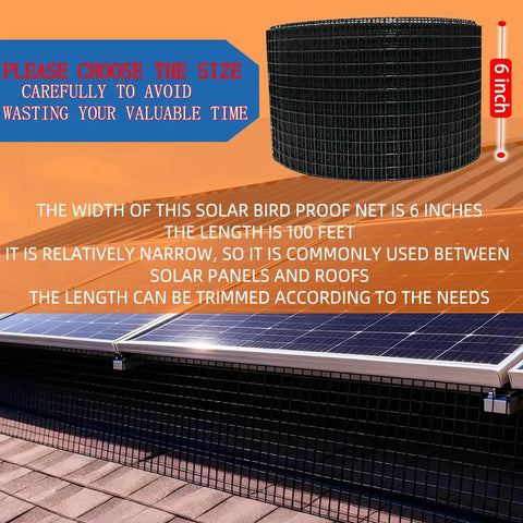 Hella Durable Solar Panel Bird Guard Anti Roll Mesh Kit With Black Pvc Fasteners To Keep Pigeons And Critters Off Your Roof No Drama Allowed Real Tight Protection, 6 inch by 100 feet mesh on rooftop.