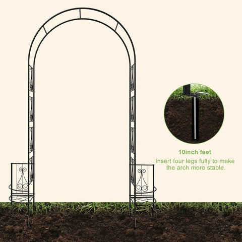 8 Foot Metal Garden Arch Trellis With Planter Boxes For Climbing Plants Outdoor Rust Resistant Backdrop Stand For Weddings Parties And Garden Decor Heavy Duty Pergola on grass showing 10-inch feet insertion for stability.