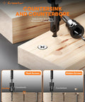 All In One Countersink Drill Bit Set With Wood Plug Cutter And Stop Rings For Pros And DIYers Crosstar 18 Piece Kit in use on wood