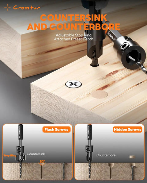 All In One Countersink Drill Bit Set With Wood Plug Cutter And Stop Rings For Pros And DIYers Crosstar 18 Piece Kit in use on wood