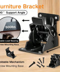 4 Pack Heavy Duty Folding Brackets Rock Solid Self Locking Extension Supports With Mounting Hardware For Table Bed And Workbench Legs Beefy Cold Rolled Steel Black, showing a stable load-bearing bracket at 90° support angle with screws.