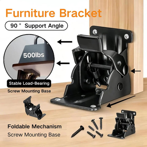 4 Pack Heavy Duty Folding Brackets Rock Solid Self Locking Extension Supports With Mounting Hardware For Table Bed And Workbench Legs Beefy Cold Rolled Steel Black, showing a stable load-bearing bracket at 90° support angle with screws.