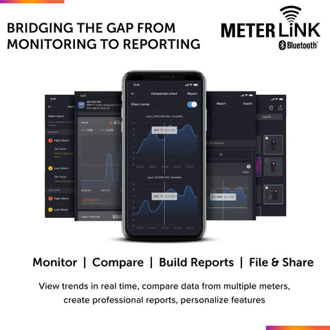 Mobile device displaying METERLiNK app with multiple screens for Industrial Grade Thermal Imager And Multimeter For Electrical Inspection And Diagnostics With Infrared Guided Measurement IGM Lepton Sensor And METERLiNK App For Quick Readings And Easy Sharing For Electric Pros.