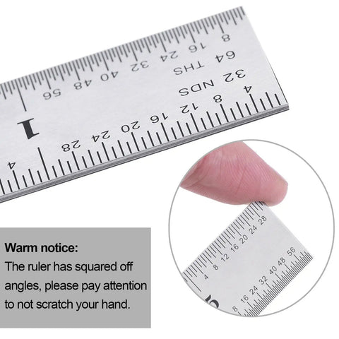 Close-up of Two Pack Stainless Steel Ruler For Engineers And Makers, Dual Sided 6 Inch Machinist Ruler with markings and hand detail