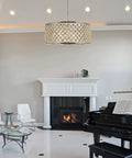 Madison Collection Ten Light Pendant With Royal Cut Clear Crystal Spheres Suspended By Polished Nickel And Golden Teak Frame over modern seating