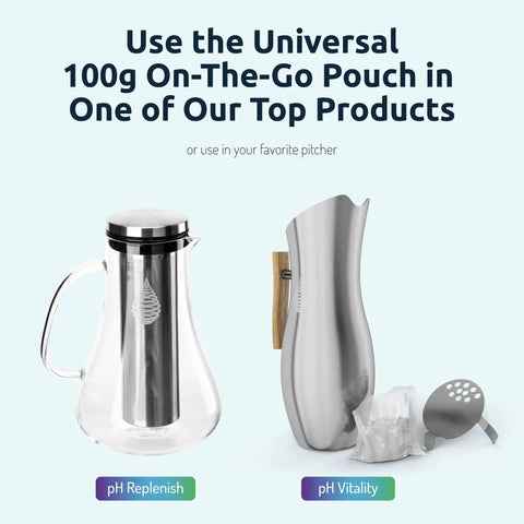 On-The-Go Alkaline Water Filter Pouch for bottles, pitchers, and jugs displayed with glass jug and metallic pitcher.