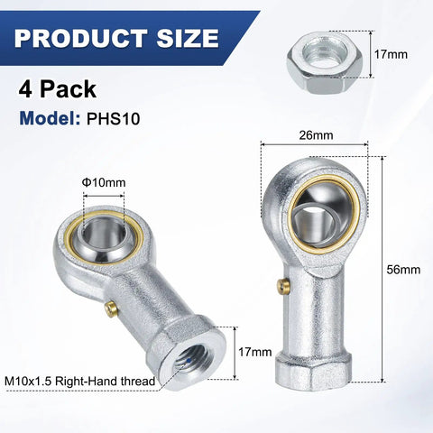 4 Pack PHS10 Rod End Bearing M10x1.5 Right Thread Self Lubricating Female Thread Steel Joint With Jam Nuts For Forging Machines, Hydraulic Cylinders, CNC Equipment, Steering Linkages And Heavy Duty Machinery, 17mm nut