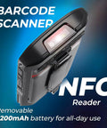 Side view of Android 13 Handheld Barcode Scanner with 5.5 inch touch screen, 6GB RAM, 64GB storage, hot swap battery, NFC reader.